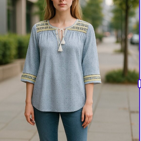 J. McLaughlin Tunic Top Small Tassel Boho Embroidered Blue White Yellow - Picture 1 of 7